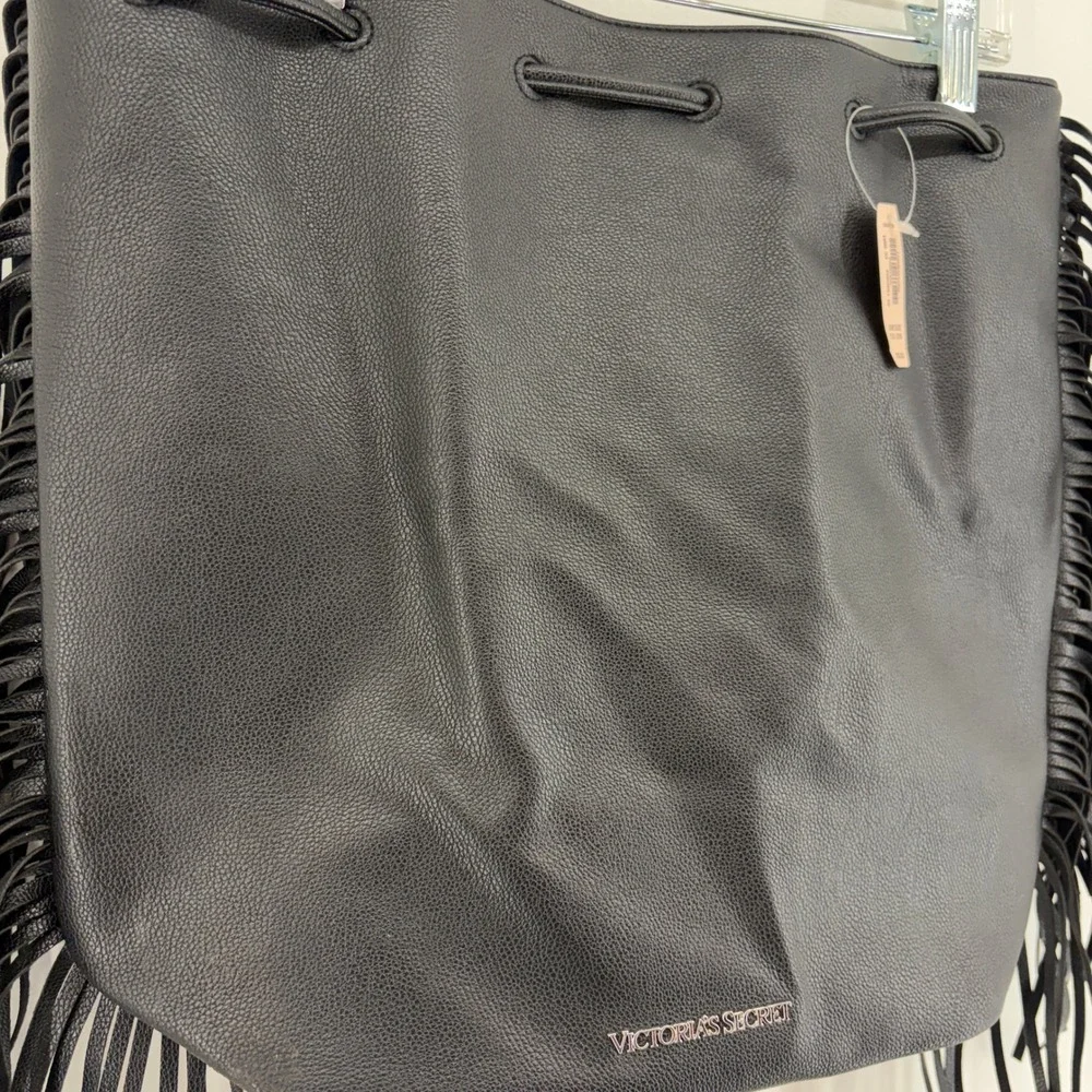 Victorias Secret Black Fringe Bucket Backpack Faux Leather NEW Boho Western Chic